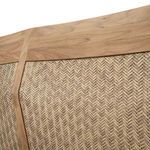 Close-up on the woven rattan back panel joined with teak frame showing craftsmanship detail