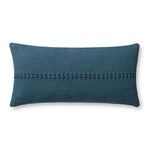 Dusky blue elongated lumbar pillow with textured woven stripe across center, made of 100% cotton