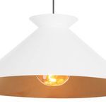 Close-up of Viggo Pendant white textured shade and glowing bulb inside gold-leafed interior