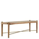 Rectangular outdoor coffee table in natural teak with slatted top and tapered legs connected by brass crossbars