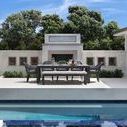 Outdoor dining setup of Milano Dining Chairs and bench by pool with white stone fireplace background