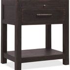 Driftwood One-Drawer Nightstand in Burnt Timber with a self-closing drawer, pull-out shelf, fixed bottom shelf, and dark w...