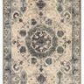 Straight flatlay of rug highlighting full medallion pattern and border in gray and blue