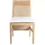 Front view of chair with white seat cushion on woven teak back and seat panels