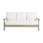 Repeat of front view with straight-on perspective of white cushioned teak sofa