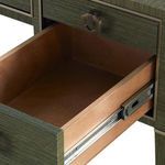 Close-up of open side drawer inside showing wooden interior and metal slide hardware