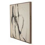 Side angle view showing the thin black maple frame and depth of the abstract painting
