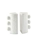 White cast metal Sanya Bookend Set with paper mache-inspired textured finish and three rounded protrusions on each.