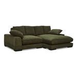 Angled view showing the right-side chaise lounge and thick armrest of the olive green sectional