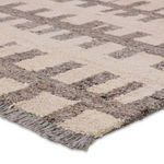 Close-up view showing wool pile texture and gray fringe detail along edge of rug