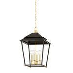 Natick 4-light small aged brass lantern pendant with black frame and clear globe bulbs