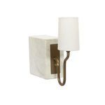 Calla Bookshelf Lamp shown from side revealing depth of rectangular marble base and curved bronze arm