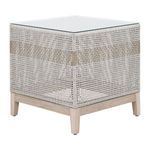 Opposite 3/4 angled view showing solid taupe stripe in rope weaving on outdoor side table