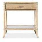 Front view focusing on drawer with metal handle and spacious lower shelf under wooden frame.