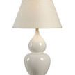 Fulton Vase Lamp in cream crackle glaze ceramic with double gourd shape, clear acrylic base, and eggshell shade