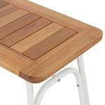 Close-up of wooden slatted seat with smooth rounded corners and matte ivory metal legs