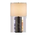 Vespera Brown Table Lamp with tall swirling marble column base in coffee brown and beige veining, beige fabric drum shade
