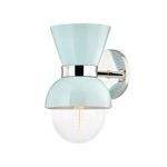 Side view of Gillian wall sconce mounted on polished metal wall plate with adjustable arm