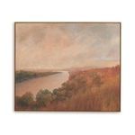 Landscape painting depicting a river winding through trees and hills under a clouded sky, soft earth tones