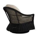 Side and back angle showing diamond pattern woven black resin wicker backrest