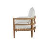 Left side angled view of sofa revealing curved teak slat detailing on armrest