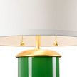 Close-up of lamp base showing gold leaf finish and green glass texture beneath white silk shade