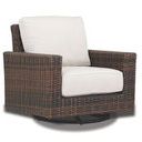 Montecito Swivel Rocker Club Chair with cognac multi-colored resin wicker and white cushions