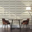 Side view showing textured depth of wallpaper in a modern room setting with brown chairs, table, and floor lamp
