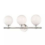 Three-light bath bracket in polished nickel with round opal glass shades and ridged metal accents