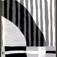 Abstract painting with black and white contrasting stripes and geometric shapes forming an optical illusion
