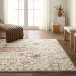 Close-up of rug medallion and border patterns accented by natural light from large windows