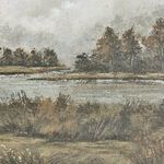 Close-up of the painting’s detail showing brush strokes and texture of foliage by the water