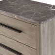 Close-up of nightstand corner highlighting Piasentina stone top and drawer handle detail