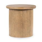 Round wood end table with smooth oak veneer top and cylindrical base showcasing natural wood grain