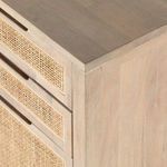 Side rear angle showing uniform white-washed mango wood panel without drawer fronts