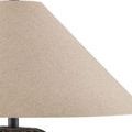 Close-up detail of beige fabric lampshade texture and lamp harp on Casimer Black Table Lamp