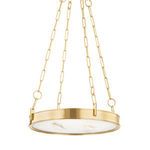 Small drum-shaped chandelier with alabaster diffuser, aged brass frame, and paperclip chain suspension