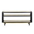 Front-on view emphasizing symmetrical open shelving and gold accent on base