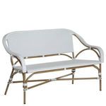 Savoy Loveseat outdoor sofa with woven white synthetic rattan on light brown metal frame