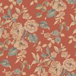 Alyworth Trail wallpaper with dense painterly hibiscus flowers and scrolling leaves on warm crimson background