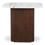 Squat accent table with white marble top and dark wood base, rounded square edges and smooth finish