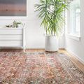 Layla Spice / Marine Rug displayed on wooden floor next to a large potted plant by sunny window