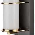 Close-up detail of brass ring clasping frosted glass tube on oil-rubbed bronze backplate