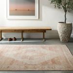 Luca dusty pink rug shown in minimal room setting with wooden bench, concrete floor, and large potted plant