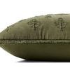 Side profile of olive pillow showing fringed edges and thickness of 18-inch square pillow