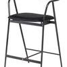 Three-quarter view showing armrests connecting to slim matte black frame
