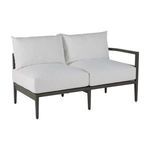 Front view of loveseat emphasizing firm white seat and back cushions on dark gray frame