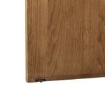 Close-up of cabinet door edge with antique-style hinge hardware securing doors.