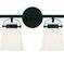 Four-light bathroom vanity fixture with matte black bar and backplate, white opal glass shades