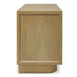 Side view of nightstand displaying oak wood grain and framed panel